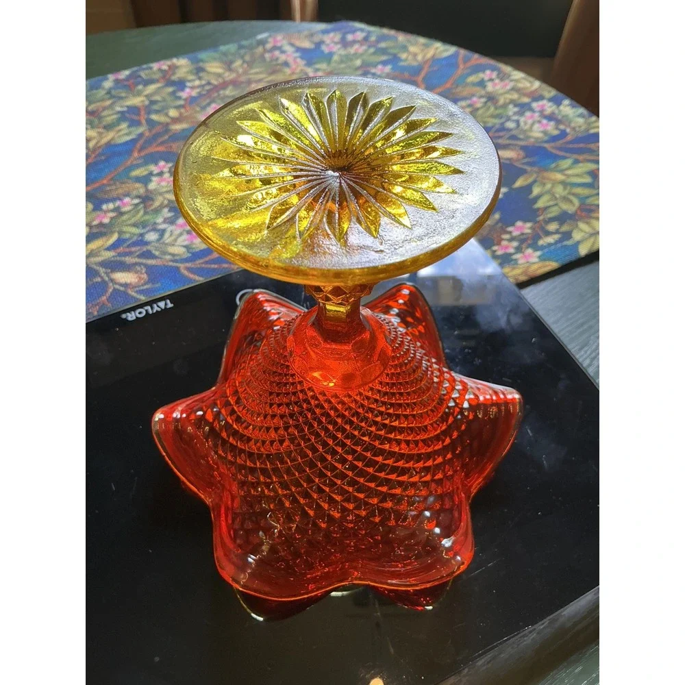 Vintage Amberina Glass Ruffled Compote Dish Diamond Point Pedestal Red‎ Yellow